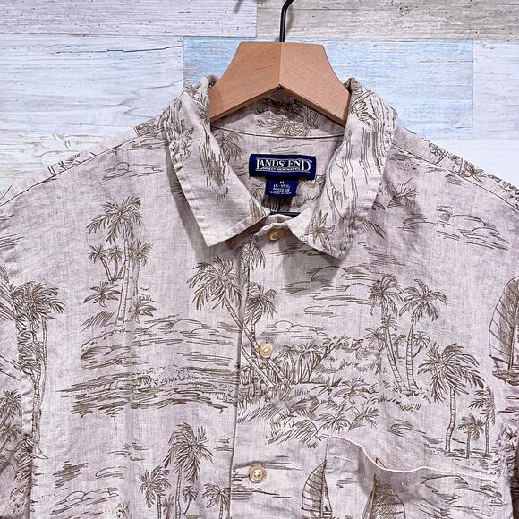 Lands End Vintage 90s Linen Tropical Island Print Shirt Beige Hawaii Mens Medium - Picture 2 of 6